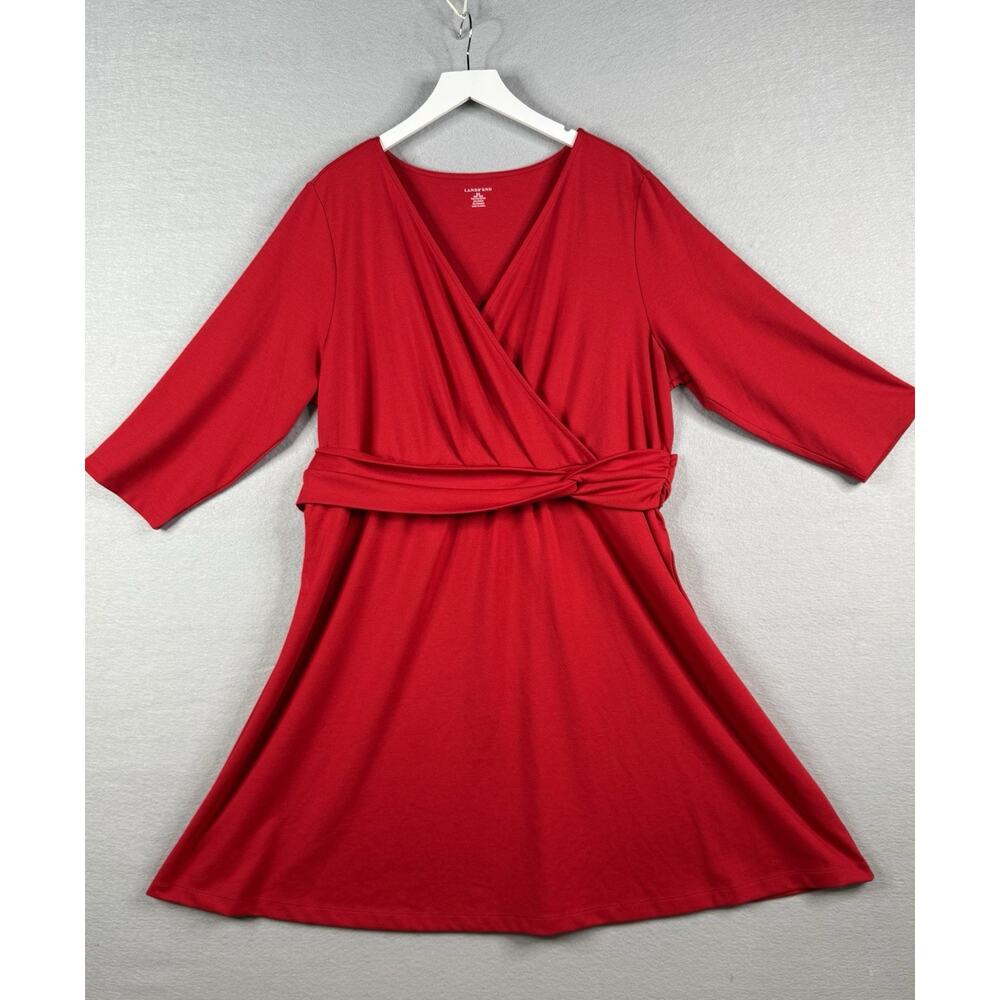 Lands End Faux Wrap Red Dress Sz 2x 20W 22W Stretch 3/4 Sleeve Classic Party